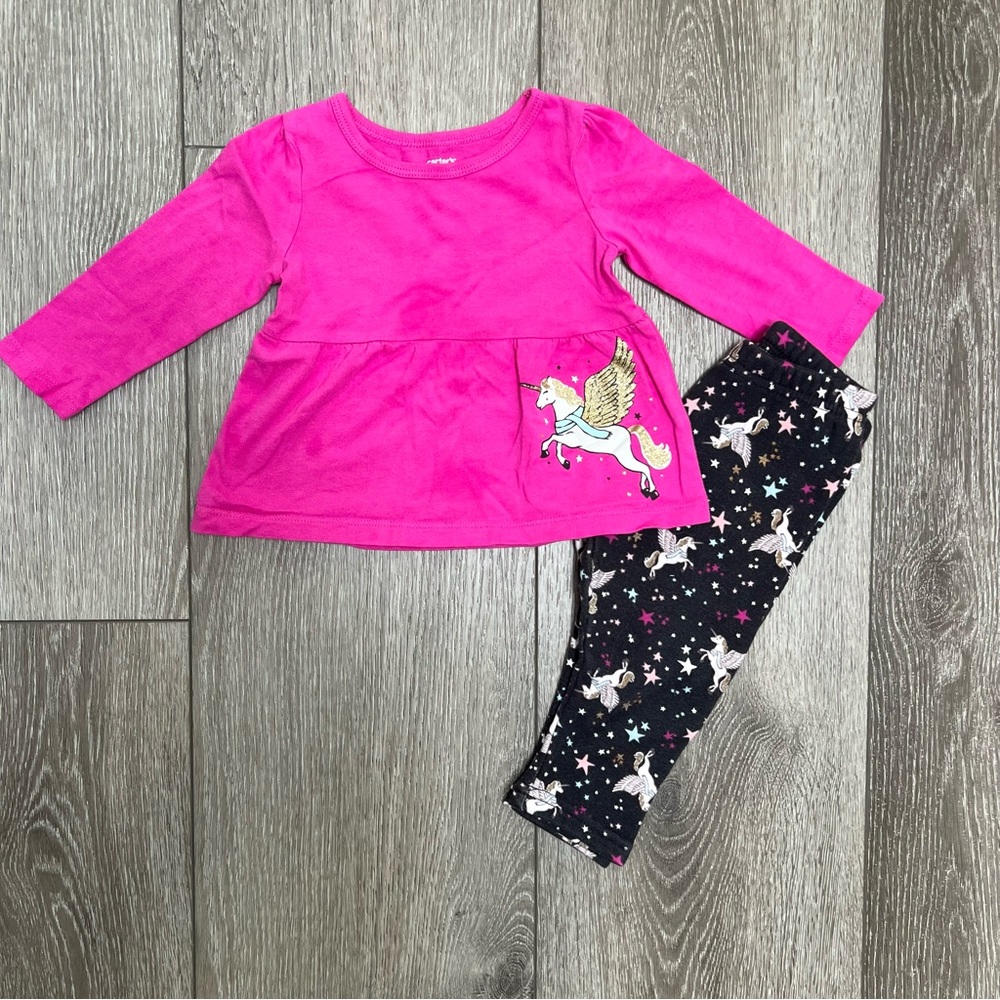 CARTERS 2PC LONG SLEEVE SHIRT FLEECE LINED PANTS UNICORN 12MO